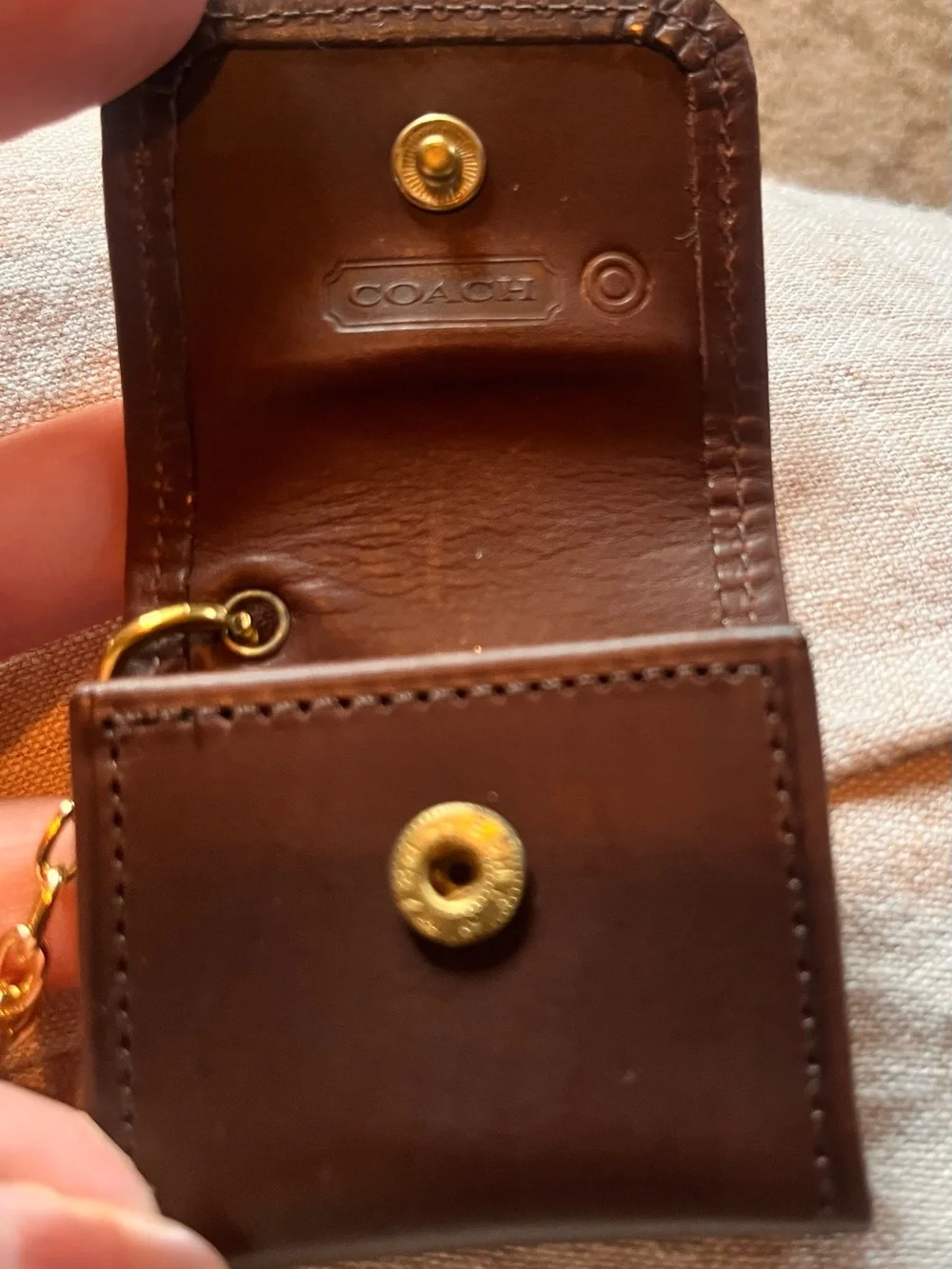 Vintage Coach Leather photo keychain Mahogany Brown with Gold Chain RARE